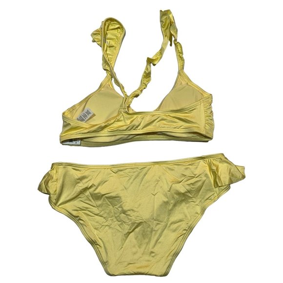 NWT AERIE Bikini Hipster 2 Piece Bikini Swimsuit SMALL Yellow Ruffle Padded - Picture 2 of 6